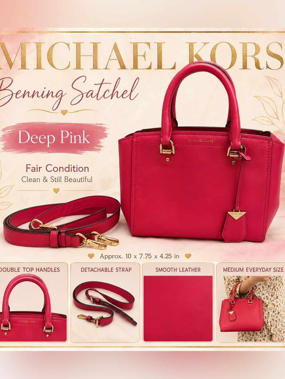 Michael Kors Deep Pink Leather Satchel with Detachable Strap